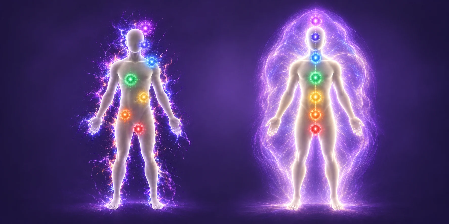 Before and after: the energy field and chakras out of balance, then aligned and luminous